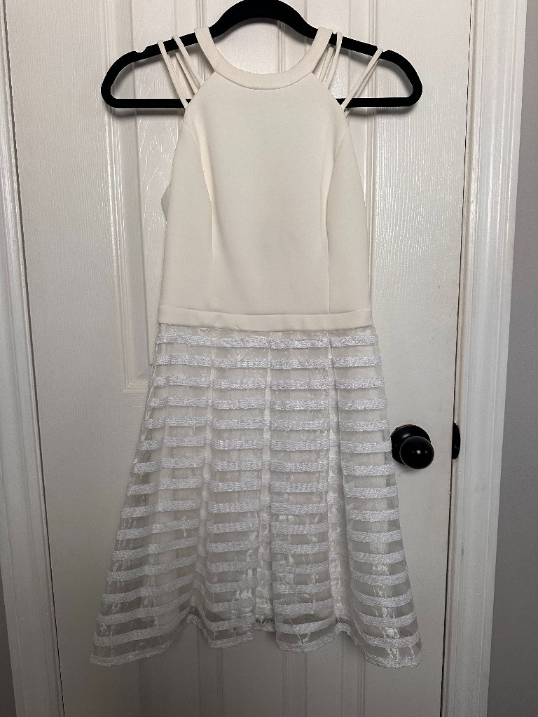 White Halter Guess Neck Dress With Striped Mesh Skirt.
